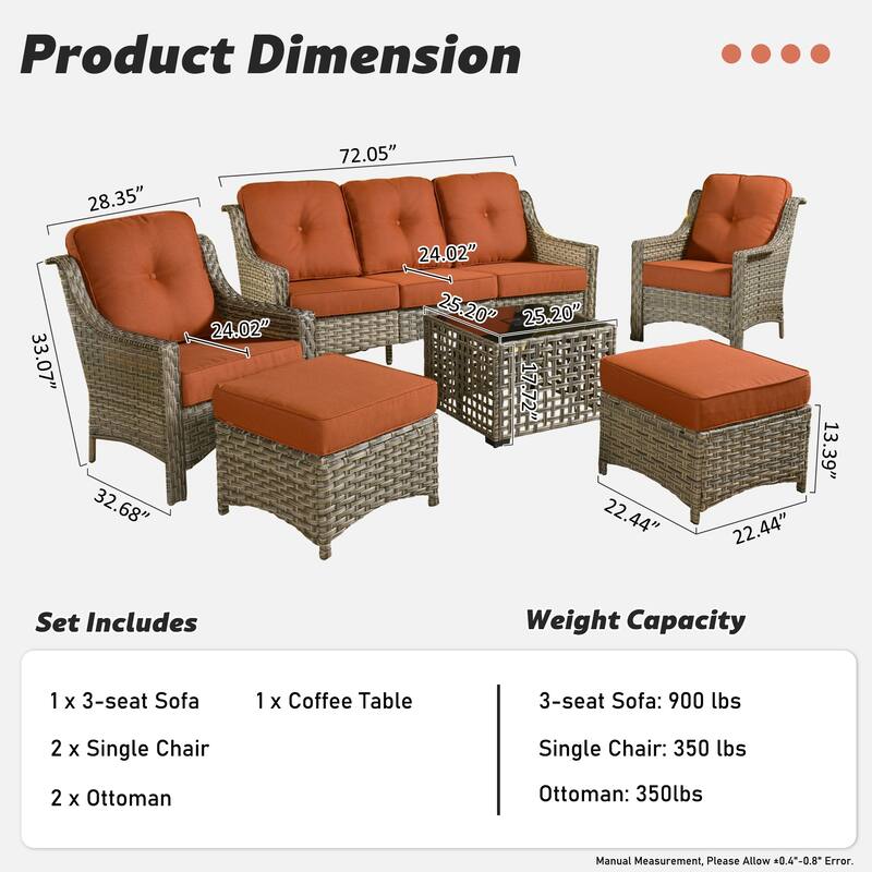 HOOOWOOO 6-pieces Wicker Patio Furniture Conversation Set with Coffee Table