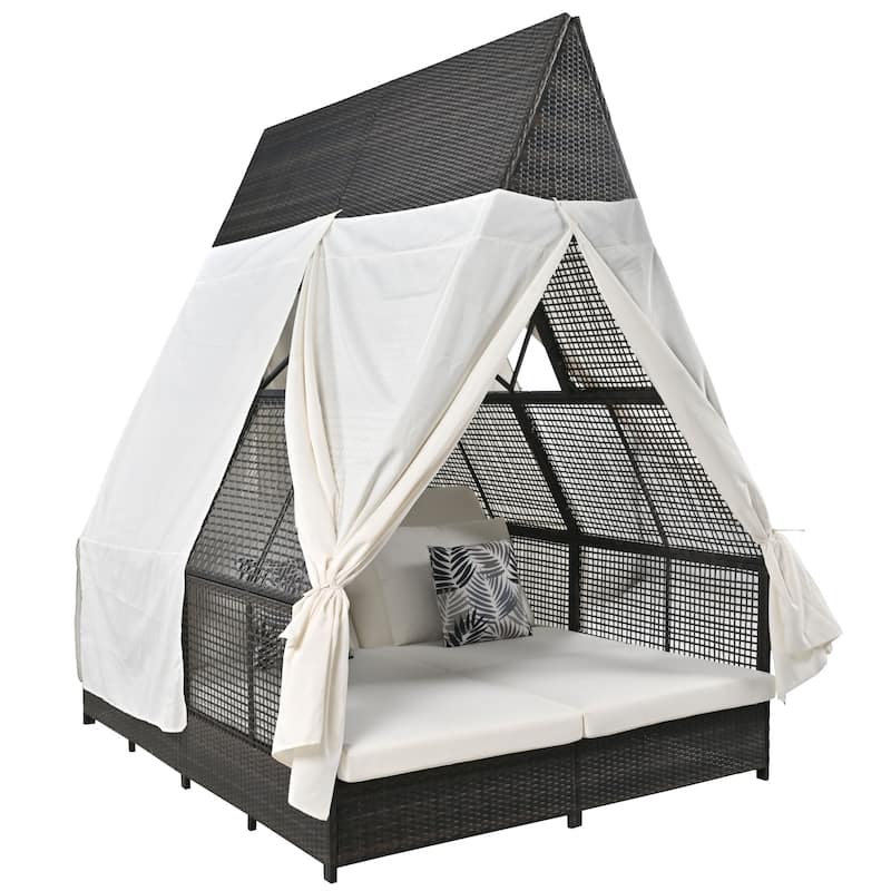 Outdoor Patio Rattan Daybed Sunbed with Triangle Tent, Adjustable Backrest, and Curtains