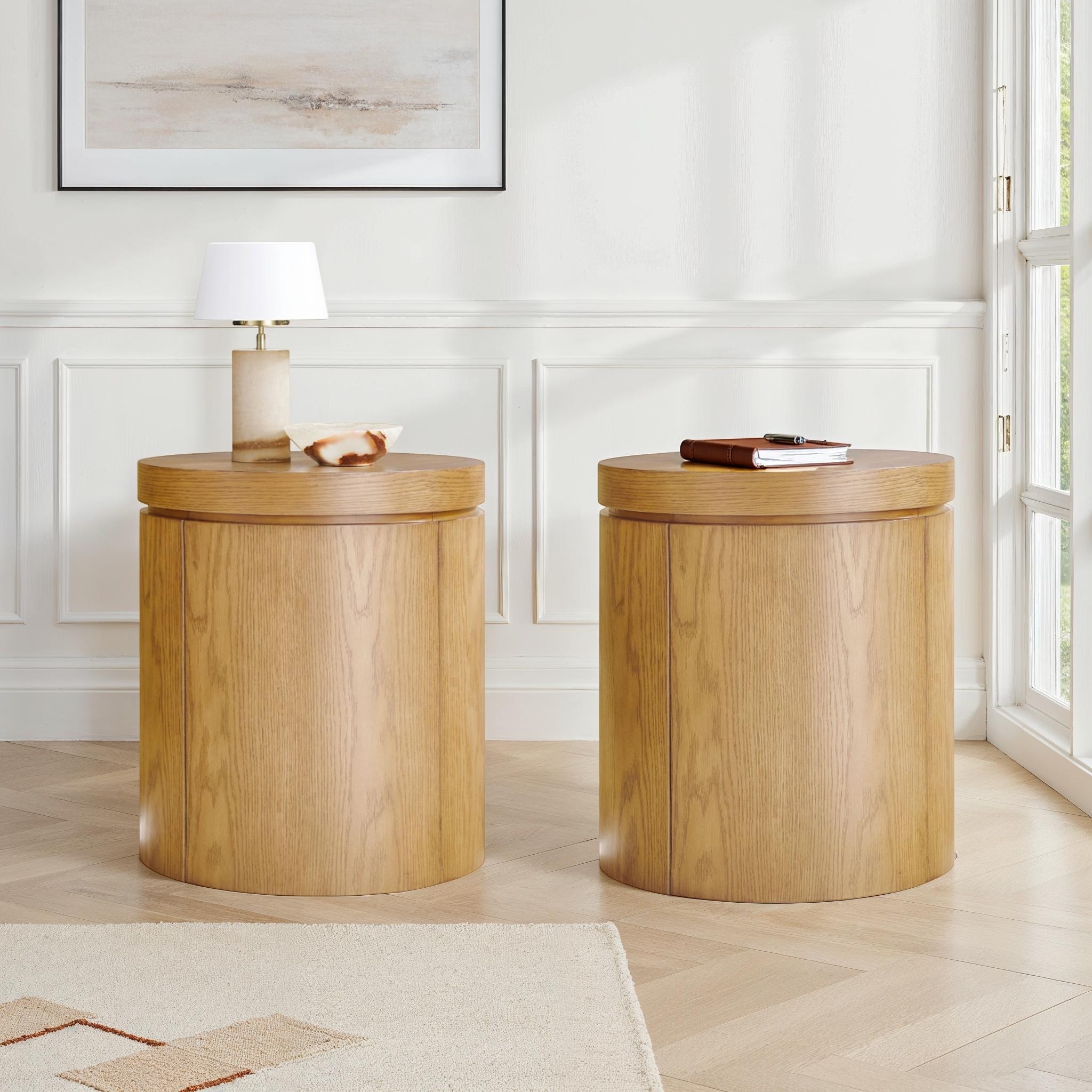 Walker Edison Modern Solid Oak Wood Round Side Tables with Storage (Set of 2)