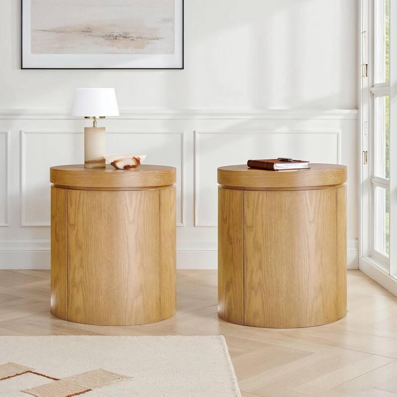 Walker Edison Modern Solid Oak Wood Round Side Tables with Storage (Set of 2) - White Oak
