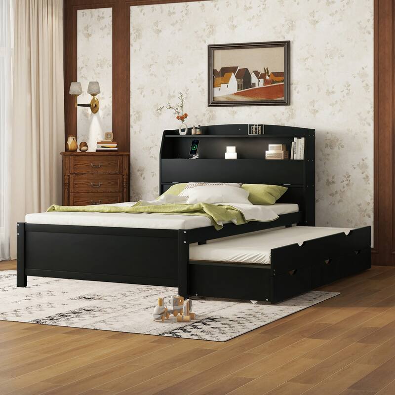 Wooden Platform Bed with Pull Out Trundle Bed and Drawers, All-in-One LED Headboard with Charging Station and Flip Up Storage
