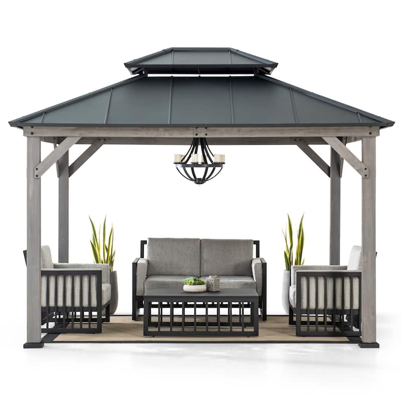 Sunjoy Outdoor Cedar Wood Frame Patio Gazebo Steel Hardtop