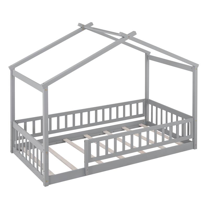 Twin Size Wood House Bed Frame with Fence for Kids and Teens, Gray