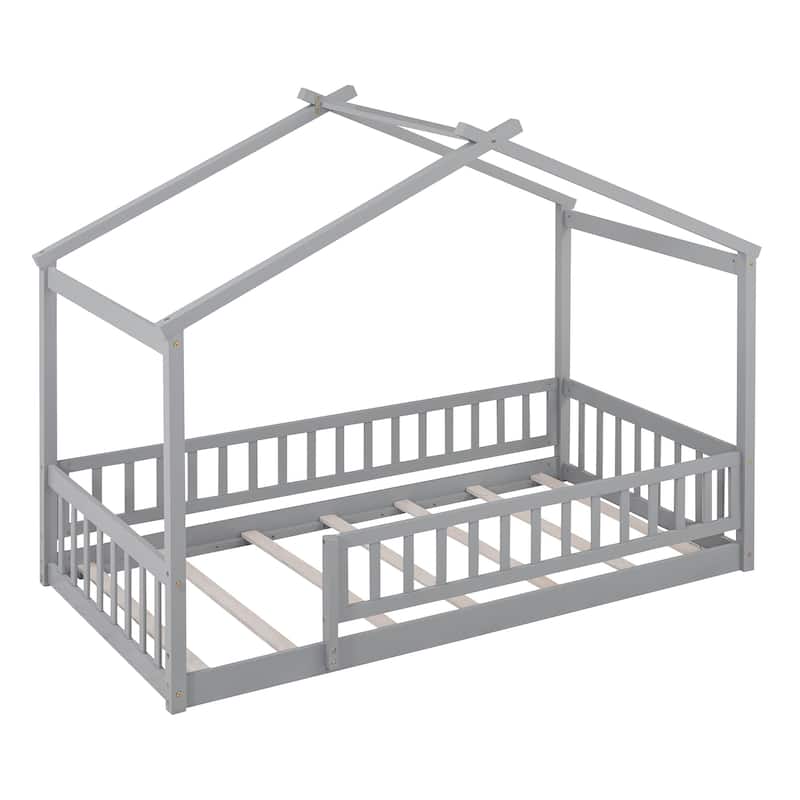 Twin Size Wood House Bed Frame with Roof and Fence, for Kids, Teens, Girls, Boys
