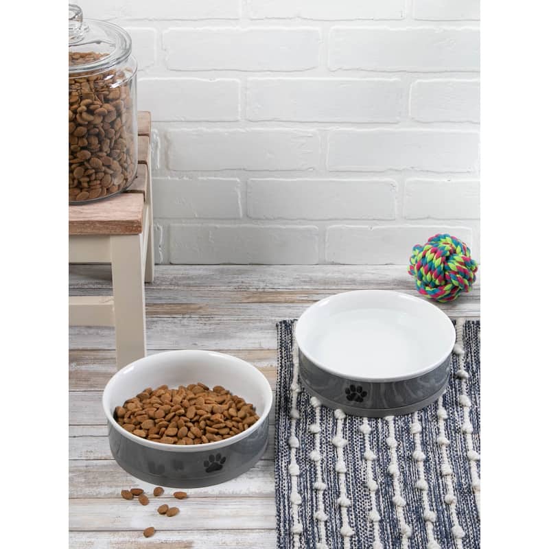 DII Pet Bowl Black Paw Print Gray Small 4.25dx2h (Set of 2)