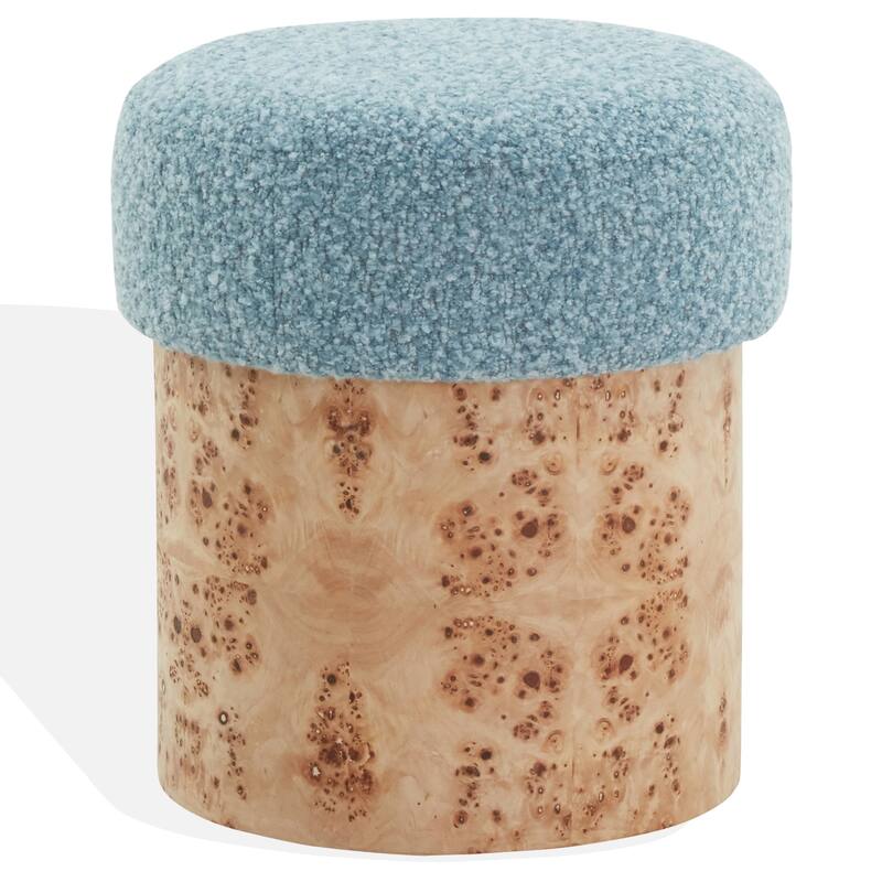 SAFAVIEH Couture Tobianna Round Boucle and Burl Ottoman - Blue/Burl