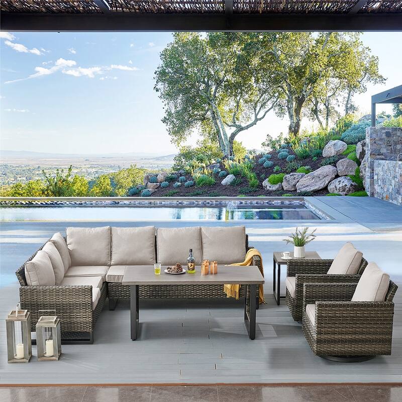 Gymojoy 6 Piece Garden Outdoor Sofa with Sivel Rocking Chair - Grey - Beige