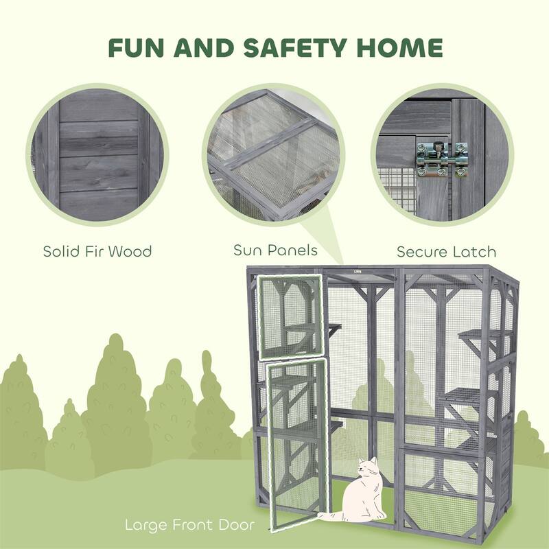 Freestanding Catio for 1 to 3 Cats with 6 Jumping Platforms Durable Fir Wood Gray Indoor Outdoor Enclosure