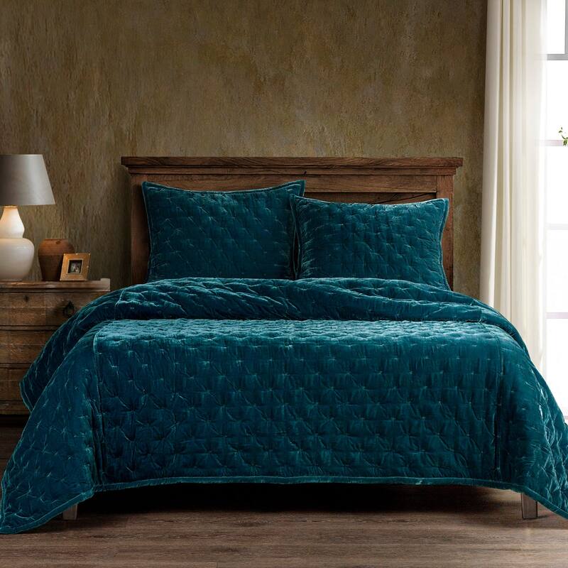 HiEnd Accents Stella Solid Color Faux Silk Velvet Romantic Modern Rustic 3 Piece Quilt Set with Pillow Shams - Teal - Queen