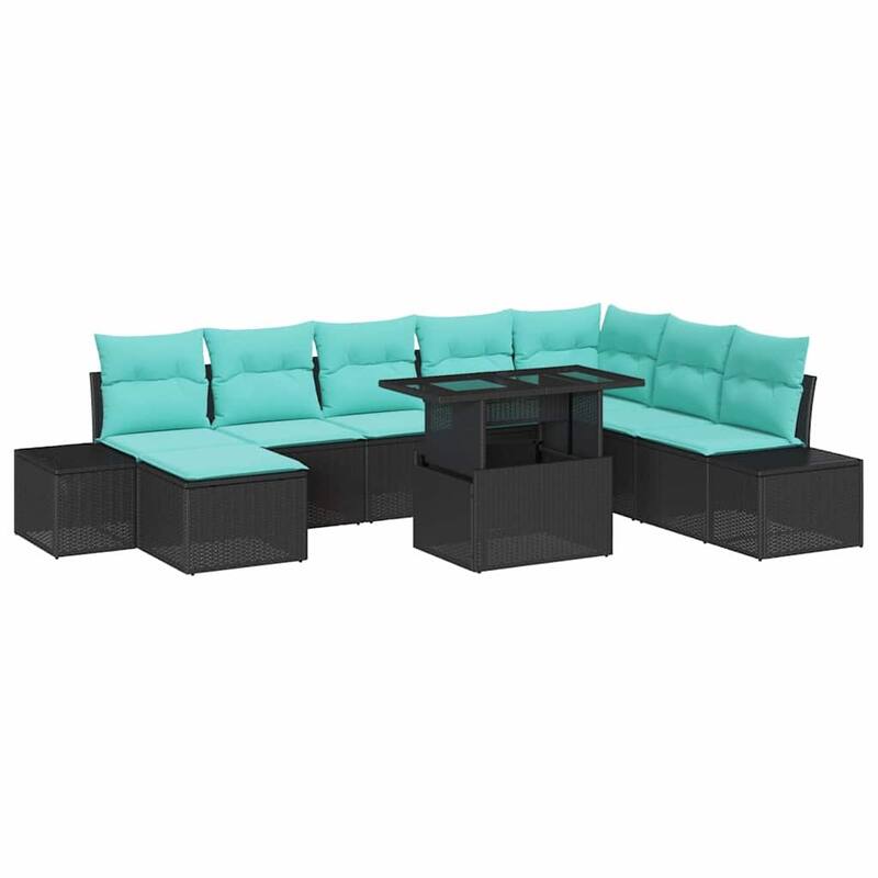 vidaXL 9 Piece Garden Sofa Set with Cushions Black Poly Rattan - 125.6×60.6×27.2