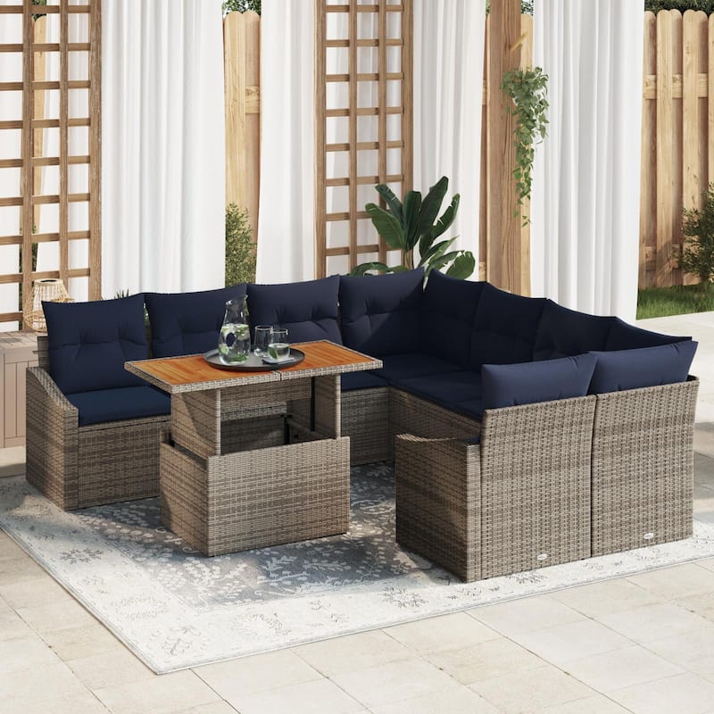 vidaXL 9 Garden Sofa Set with Cushions Black/Grey Poly Rattan - 91.9 x 92.1 x 27.2 - Grey