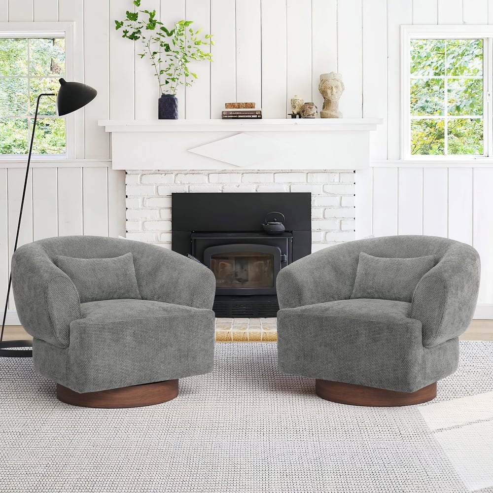 Set of 2 Modern Chenille Swivel Barrel Accent Chairs with Solid Wood Base Armchair