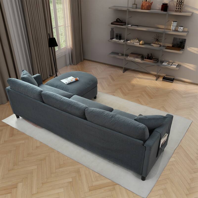 Modern Fabric Sofa with Storage Armrest, Movable Ottoman, and Durable Frame - 3 Seat Couch