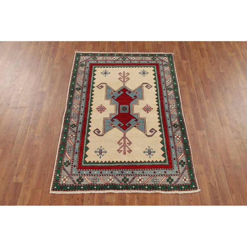 Ivory Kazak Oriental Accent Rug Hand-Knotted Tribal Wool Carpet - 3'11" x 5'7"