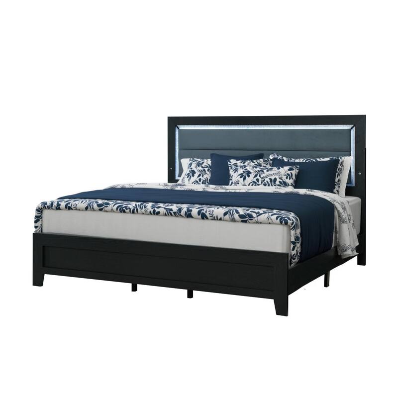 HomeRoots Black and Gray Wood And Velvet Lighted King Bed Frame