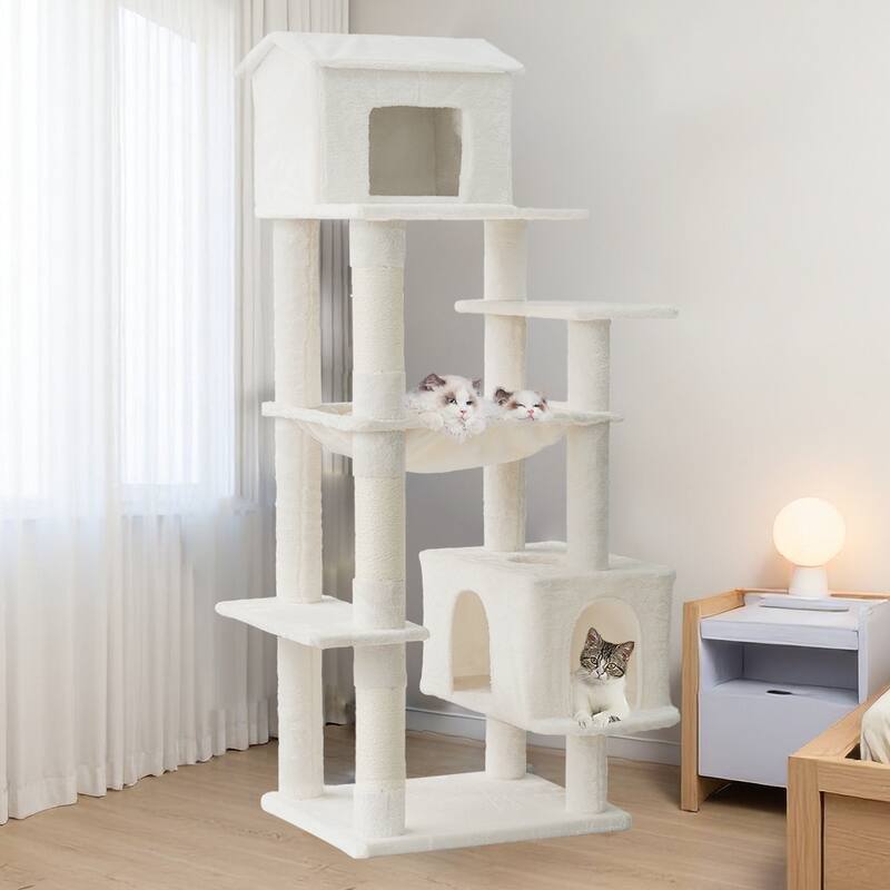 64 in Cat Tree with Unique Cat House, Hammock, Scratching Posts, Plush Cat Tower for Indoor Cats for Multiple Cats - Beige