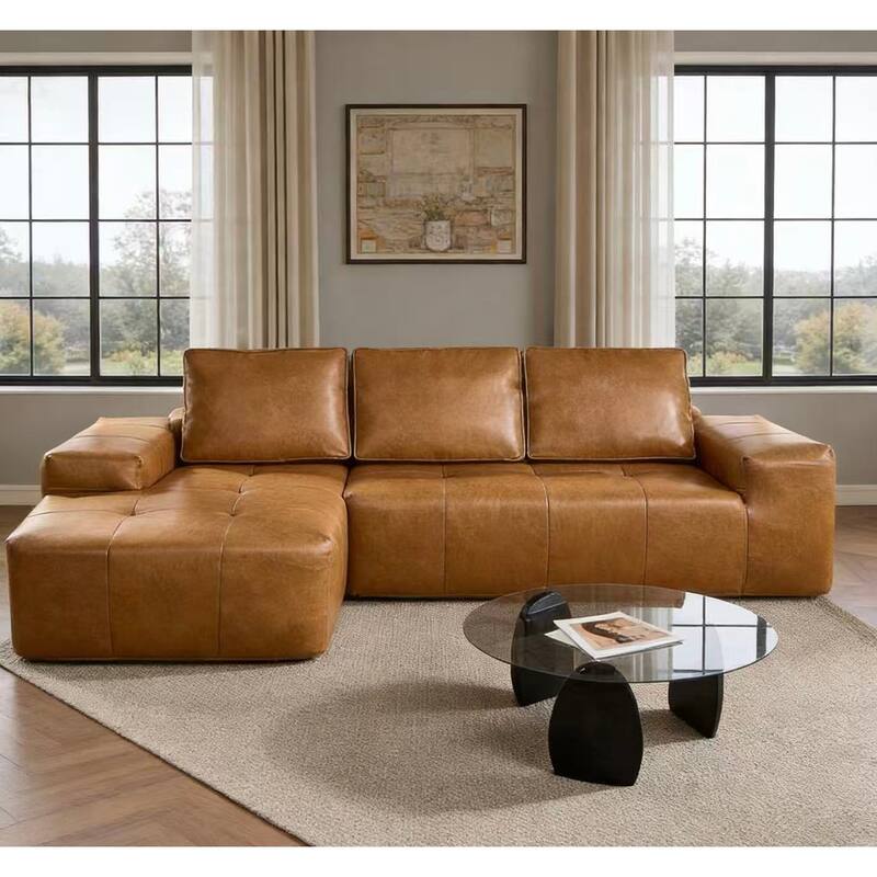 Brown Faux Leather L-Shaped Sectional Sofa with Chaise, Deep Seat Cloud Couch - No Assembly Required - Left+Brown