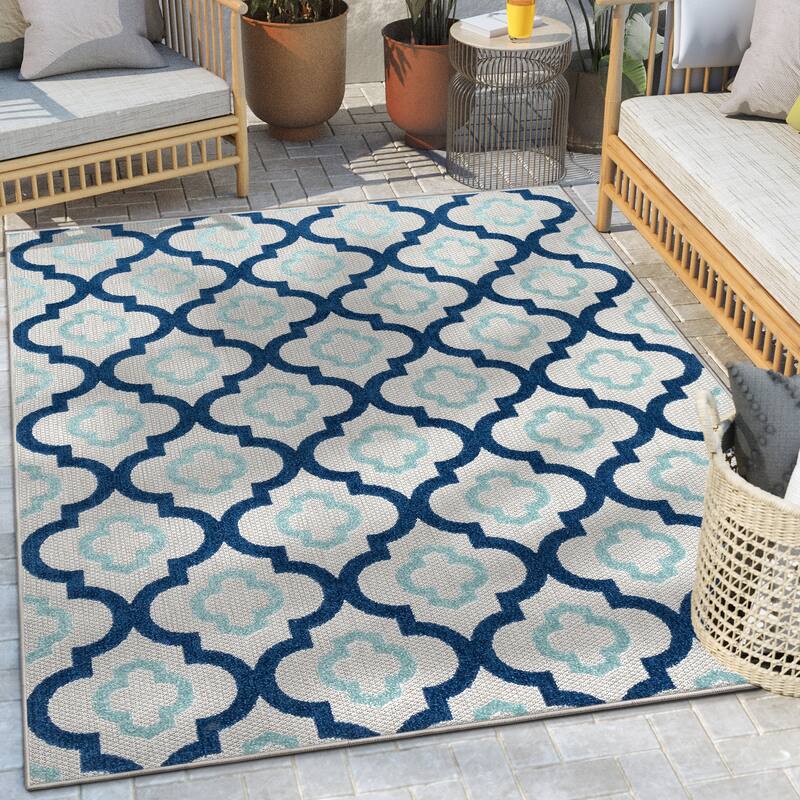 Well Woven Dorado Illuminate Indoor Outdoor Trellis High-Low Area Rug - 3'11" x 5'3" - Blue