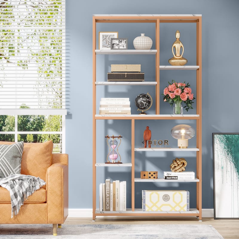 Staggered Bookcase Open Book Shelves Wood Etagere Display Shelf for Living Room