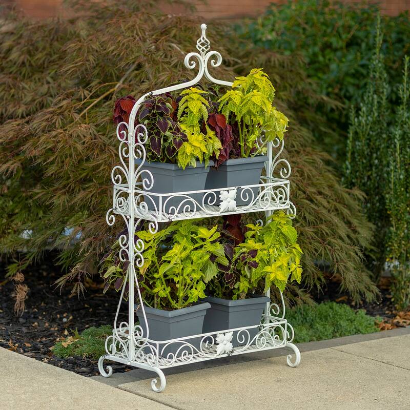Two Tier Rectangular Plant Stand with Flower Detailing in Antique White - 26" L x 14" W x 35" H