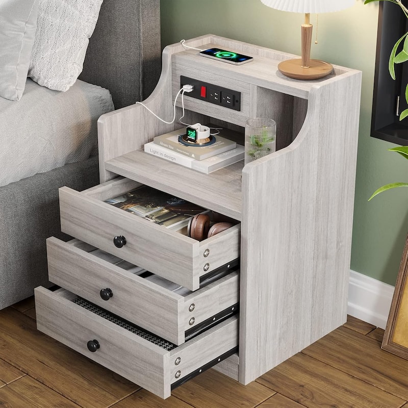 Nightstand with Drawers Charging Station End Side Table with Hutch