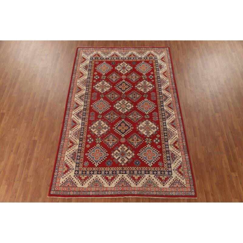 Geometric Kazak Area Rug Hand-Knotted Red Wool Carpet - 6'5" x 9'10"