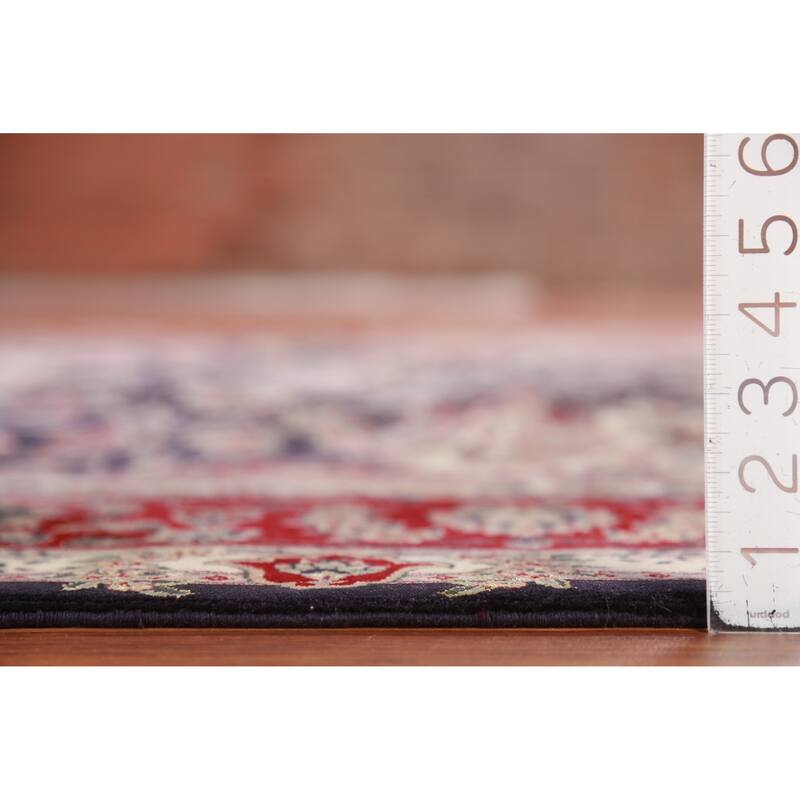 Hand Knotted Oriental Wool & Silk Carpet Traditional Floral Navy Blue & Blues Tabriz Area Rug - 9' 8'' X 7' 10''