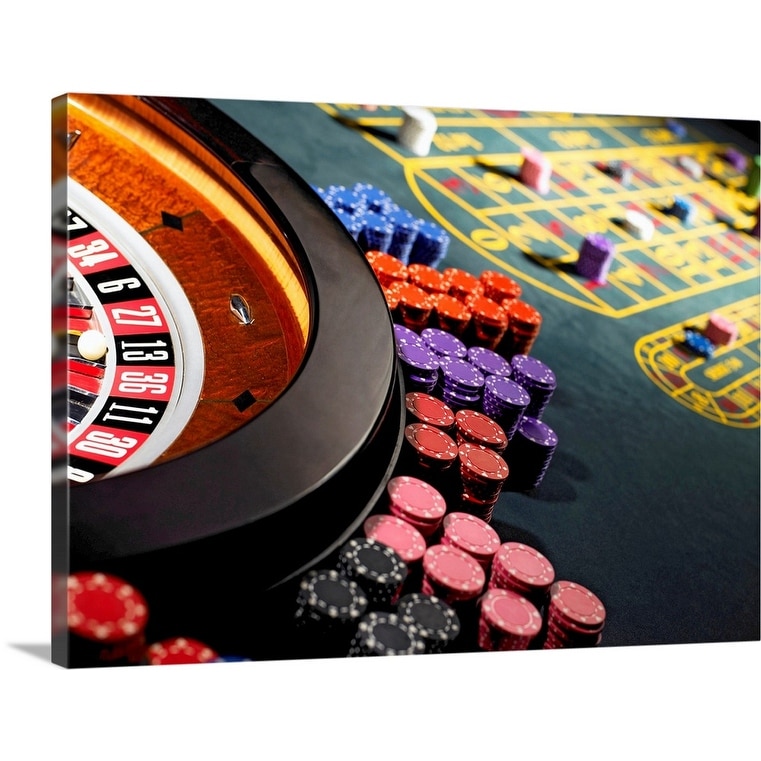 Shop Gambling Chips Stacked Around Roulette Wheel On Gaming Table Canvas Wall Art Overstock 16377951