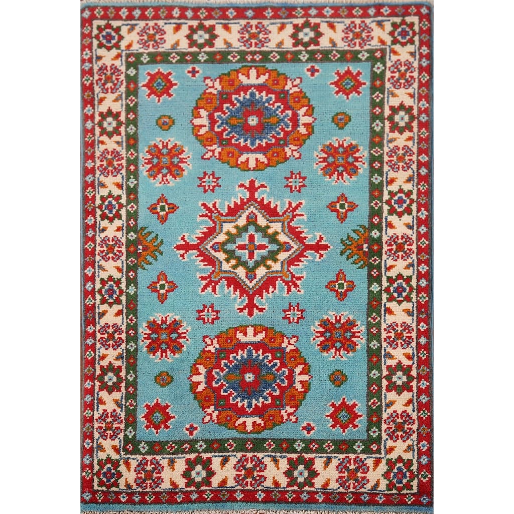 Turquoise Blue Kazak Foyer Rug Handmade Oriental Wool Carpet - 1'11" x 2'11"