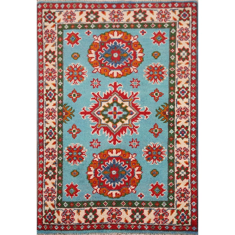 Turquoise Blue Kazak Foyer Rug Handmade Oriental Wool Carpet - 1'11" x 2'11"