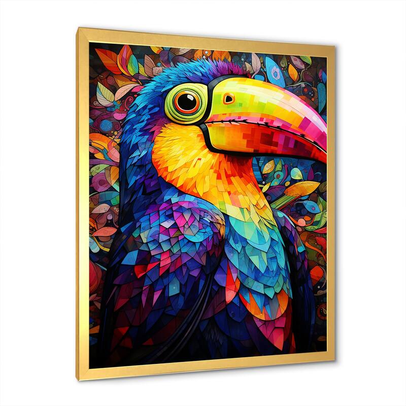 Designart "Yellow And Blue Tropical Toucan Jungle I" Toucan Wall Decor Blue - Traditional Living Room Framed Canvas Art