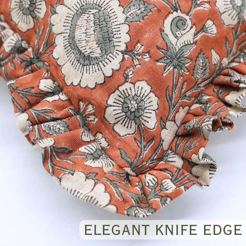 Fabdivine Handmade Block Print Floral Frill Both Side Soft Boho Pure Linen Pillow Cover