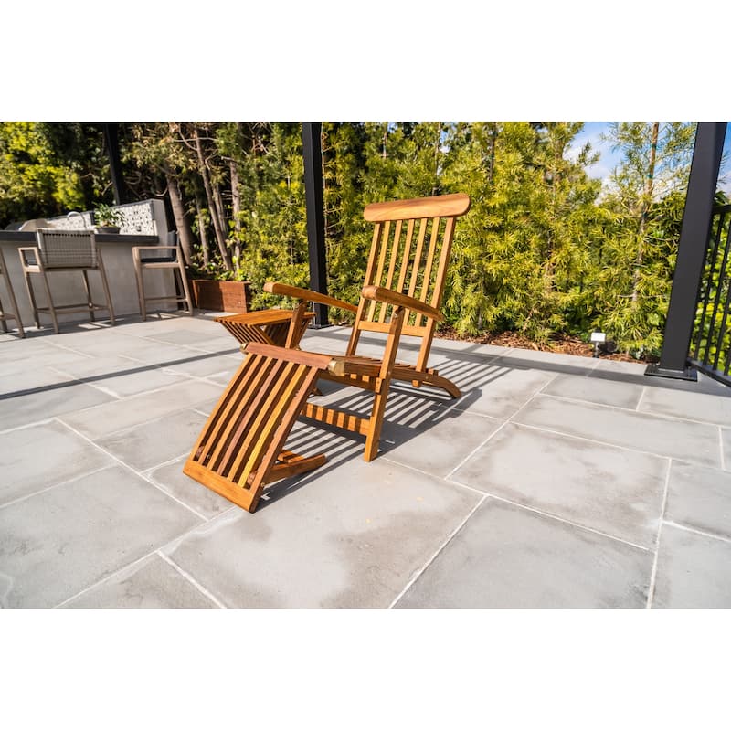 Nordic Style Teak Oiled Sun Lounger and Chair with Foldable Foot Rest - Brown