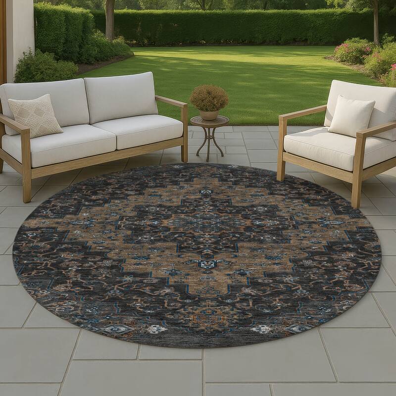 Machine Washable Indoor/ Outdoor Traditional Karachy Chantille Rug - Black - 8' x 8'
