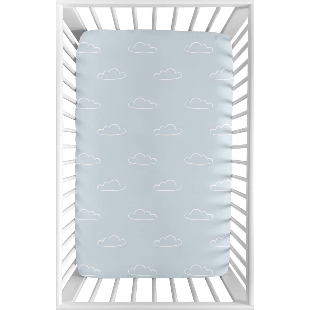 Blue Clouds Baby Boy Fitted Mini Portable Crib Sheet - Slate White Cloud Sky for Vintage Airplane Aviator Aviation Collection