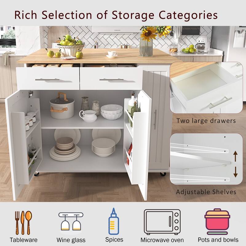 46'' Kitchen Island with Drop Leaf, 3 Tier Pull Out Cabinet Organizer, Towel Rack and 2 Drawers - 46'' x 29.5'' x 37''