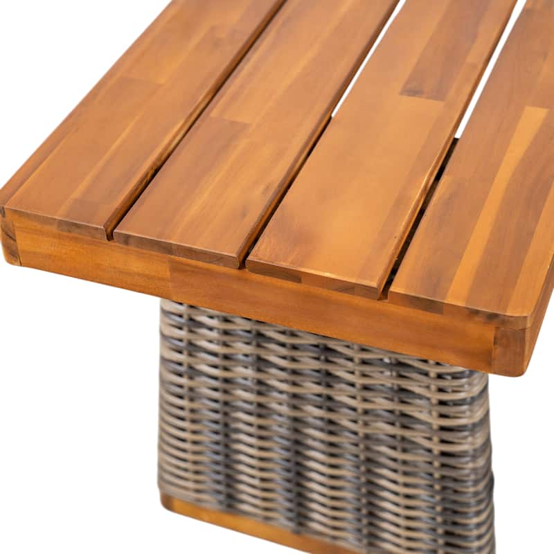 Christopher Knight Home - Rowan Outdoor Acacia Wood Dining Set with Handwoven Rattan Details and Slatted Tabletop