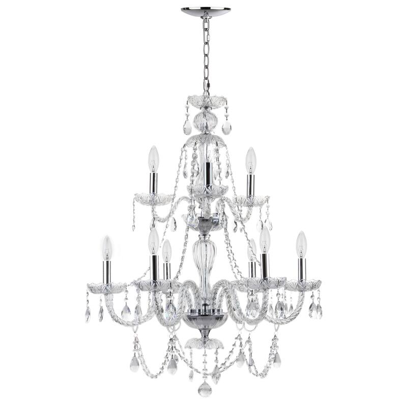 SAFAVIEH Lighting Wadad Adjustable 9-Light Beaded Chandelier - 26.375"x26.375"x38 - 110" - Chrome/Clear