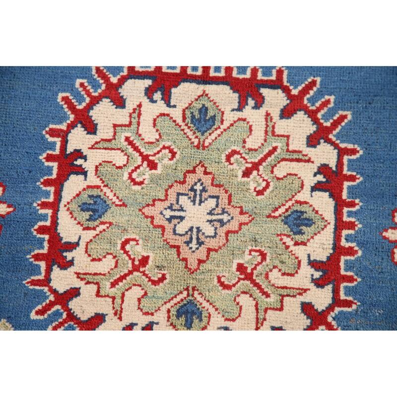 Blue Geometric Kazak Area Rug Handmade Oriental Wool Carpet - 6'8" x 9'9"