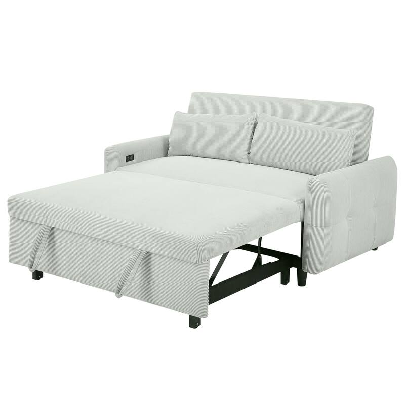 57.48" Corduroy Convertible Sofa Bed with Pull-Out Sleeper, Adjustable Backrest & USB