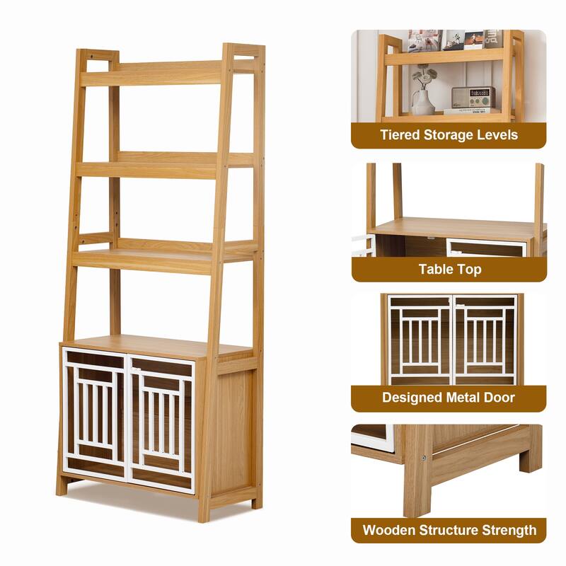 Anmytek Dog Crate Ladder Bookshelf Combo Pet Furniture with Storage and Geometric Doors