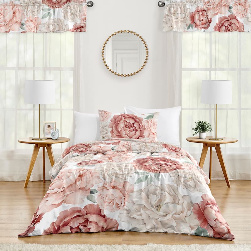 Boho Shabby Chic Floral Girl Twin Comforter Set Ivory Bohemian Vintage Garden Watercolor Flower Nature Elegant Pastel Dusty Rose