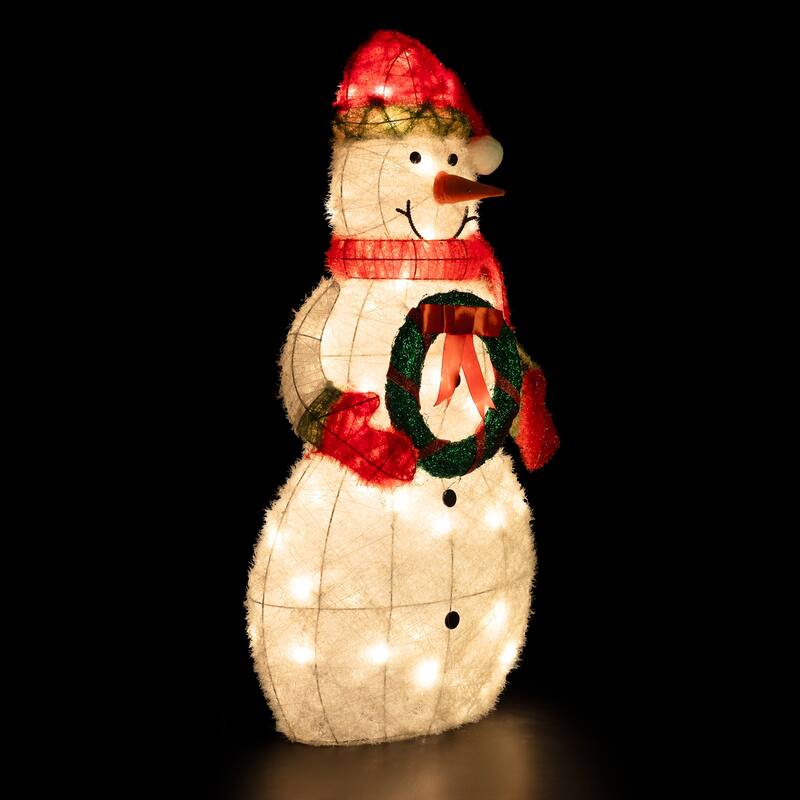 38" Lighted White Red Tinsel Snowman Wreath Outdoor Christmas decor