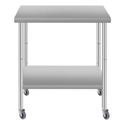 30 x 24in Stainless Steel Kitchen Prep Table with Under Shelf and Wheels