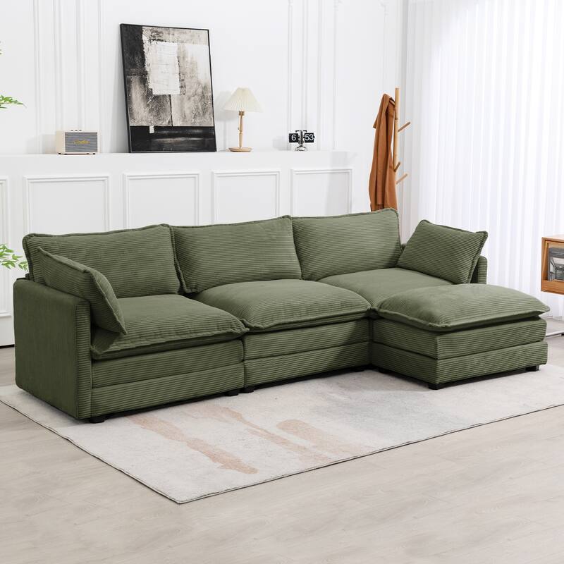 3-Seat Corduroy Modular Sofa with an Independent Removable Ottoman for Living Room or Business - Olive Green