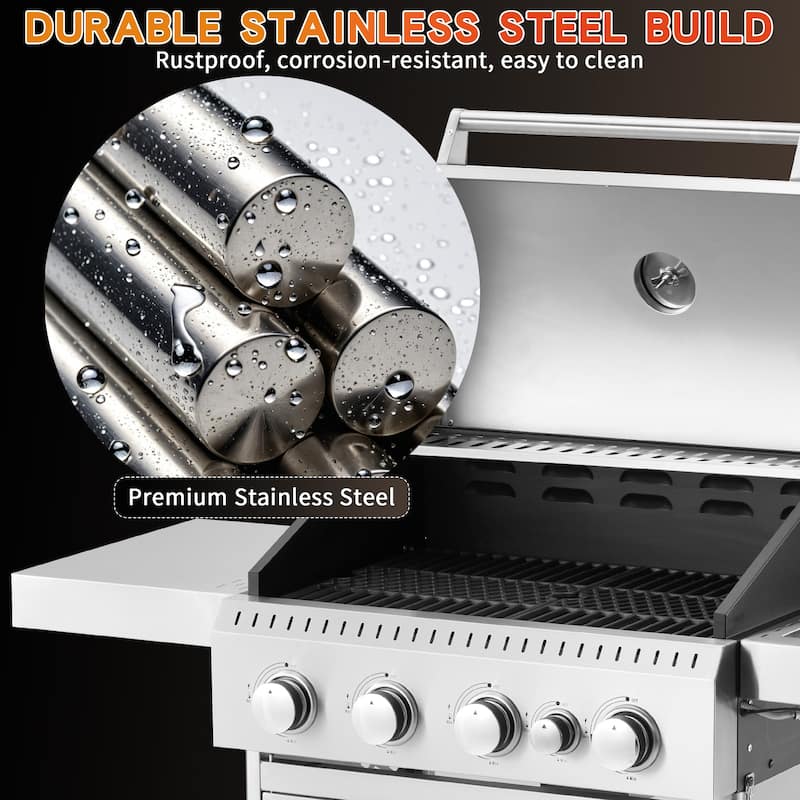 42,000 BTU 4-Burner Stainless Steel Gas Grill with Side Burner – Heavy-Duty Cast Iron Grates– Silver