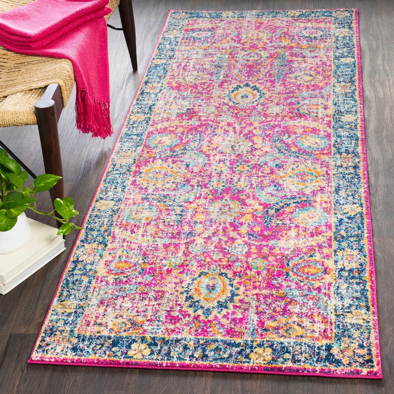 Isabella Distressed Vintage Pink & Blue Hallway Rug - 2'7" x 10'3" Runner - 2'7" x 10'3" Runner - Garnet
