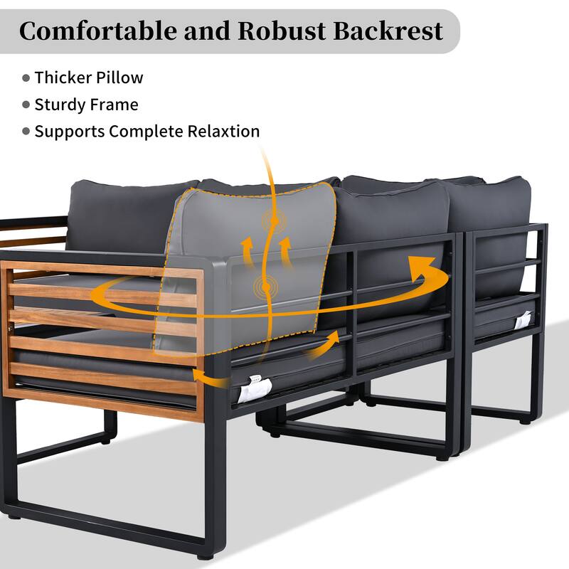 4 Pieces Outdoor Patio Conservation Set, Metal and Wood Frame Sectional L-shaped Sofa with Soft Cushion and a Coffee Tab