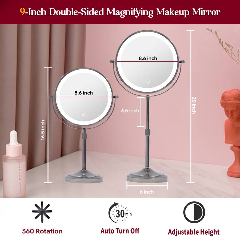 9" Rechargeable Lighted Makeup Mirror, Vanity Mirror with 1X/10x Magnification, Height Adjustable 3-Lighting Modes Dimmable