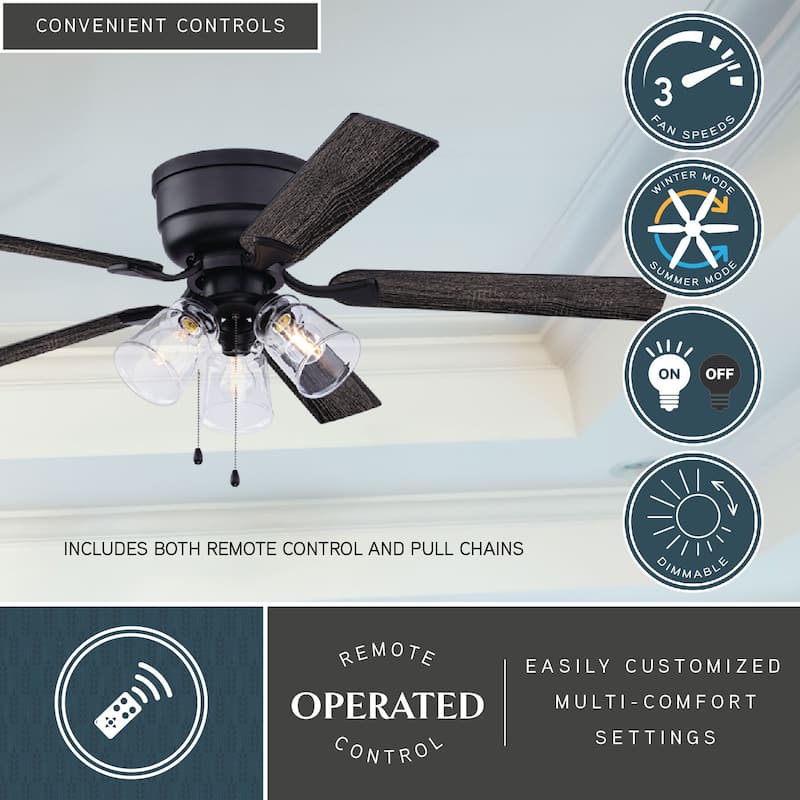 Cromwell 52 in. Matte Black Low Profile Flush Mount Ceiling Fan Reversible Black-Oak Blades, LED Light Kit Pull Chain and Remote